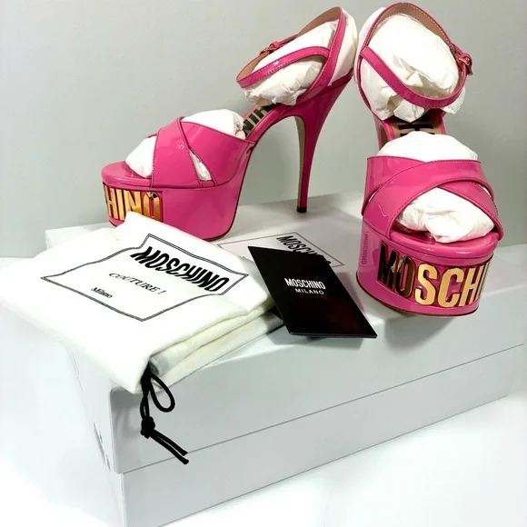 Moschino Logo Leather Platform Stiletto Sandals Heels Pink Gold NEW